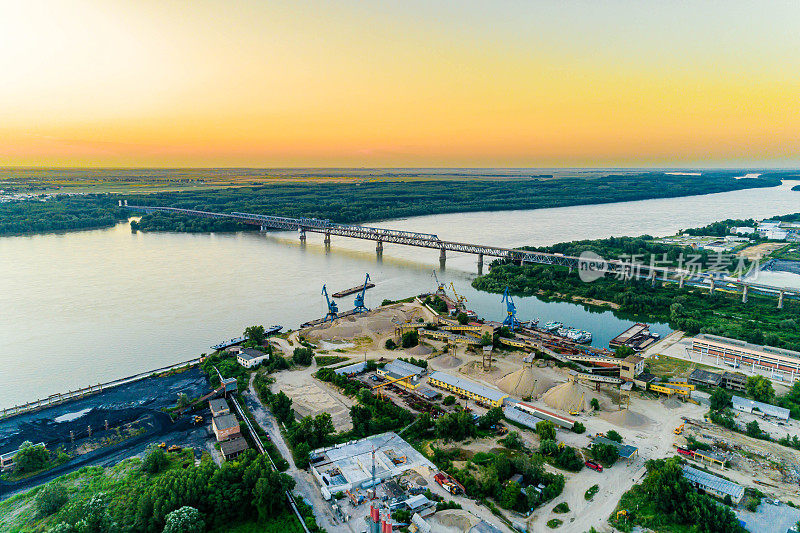 Aerial view of steel truss bridge over the Danube River - (Bulgarian: Дунав мост, Русе, България)